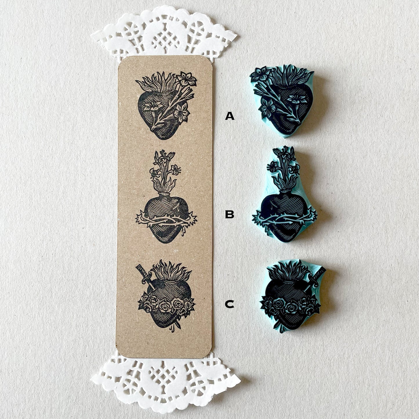 Sacred Heart Rubber Stamp Set — Hand Carved Floral Hearts with Lilies, Roses & Thorns, Vintage Religious Style
