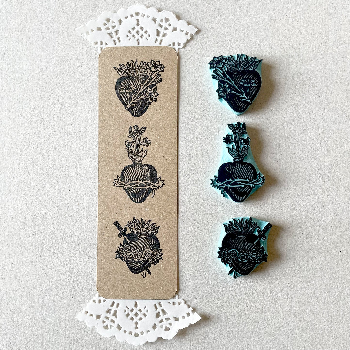 Sacred Heart Rubber Stamp Set — Hand Carved Floral Hearts with Lilies, Roses & Thorns, Vintage Religious Style