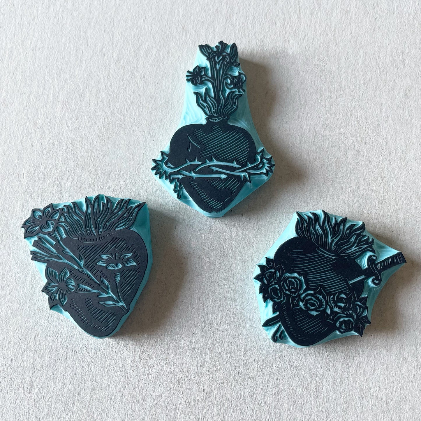 Sacred Heart Rubber Stamp Set — Hand Carved Floral Hearts with Lilies, Roses & Thorns, Vintage Religious Style