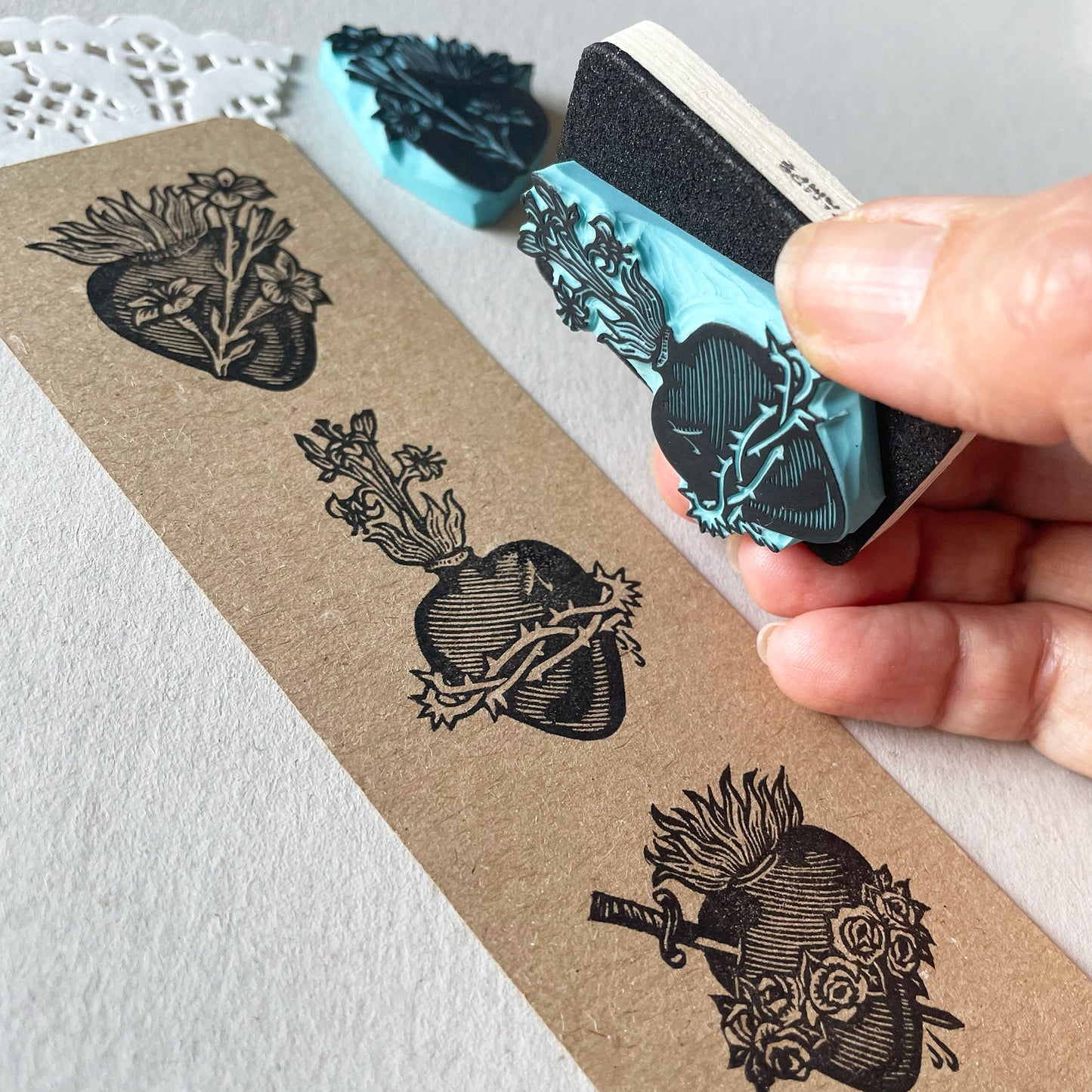 Sacred Heart Rubber Stamp Set — Hand Carved Floral Hearts with Lilies, Roses & Thorns, Vintage Religious Style