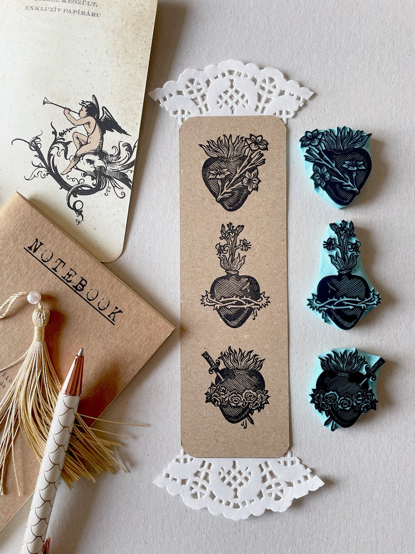 Sacred Heart Rubber Stamp Set — Hand Carved Floral Hearts with Lilies, Roses & Thorns, Vintage Religious Style