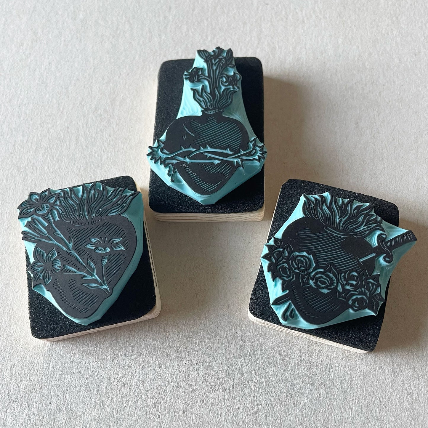 Sacred Heart Rubber Stamp Set — Hand Carved Floral Hearts with Lilies, Roses & Thorns, Vintage Religious Style