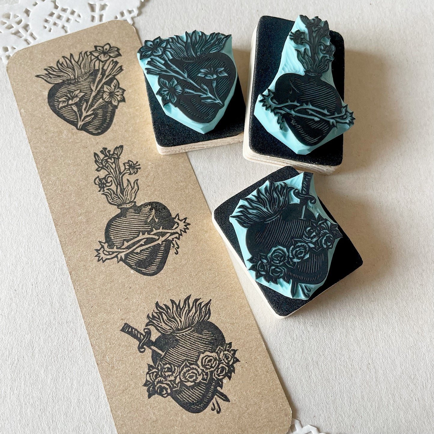 Sacred Heart Rubber Stamp Set — Hand Carved Floral Hearts with Lilies, Roses & Thorns, Vintage Religious Style