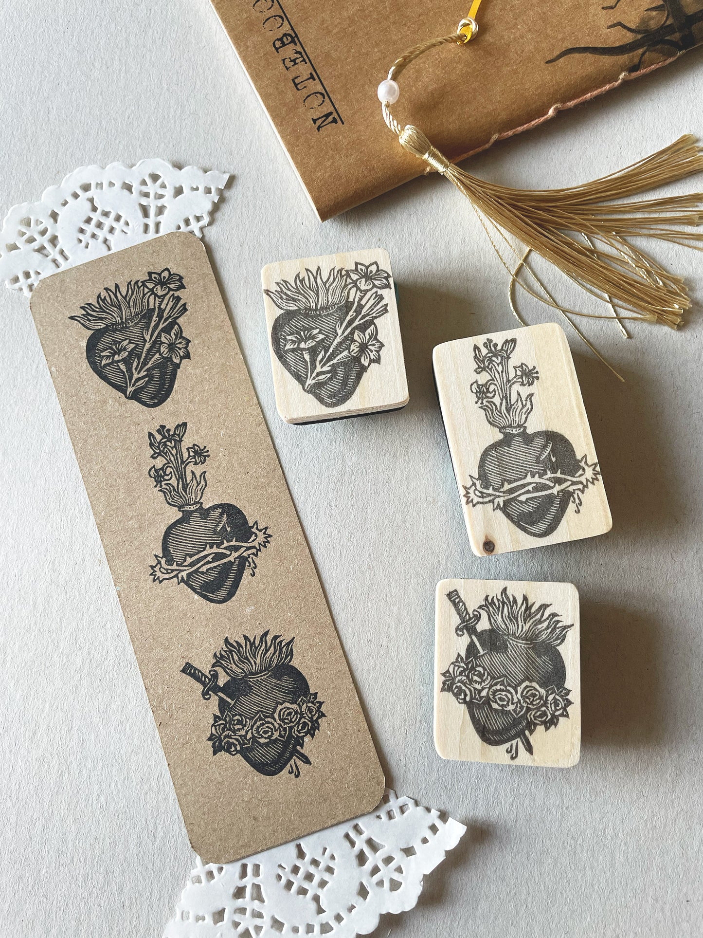 Sacred Heart Rubber Stamp Set — Hand Carved Floral Hearts with Lilies, Roses & Thorns, Vintage Religious Style