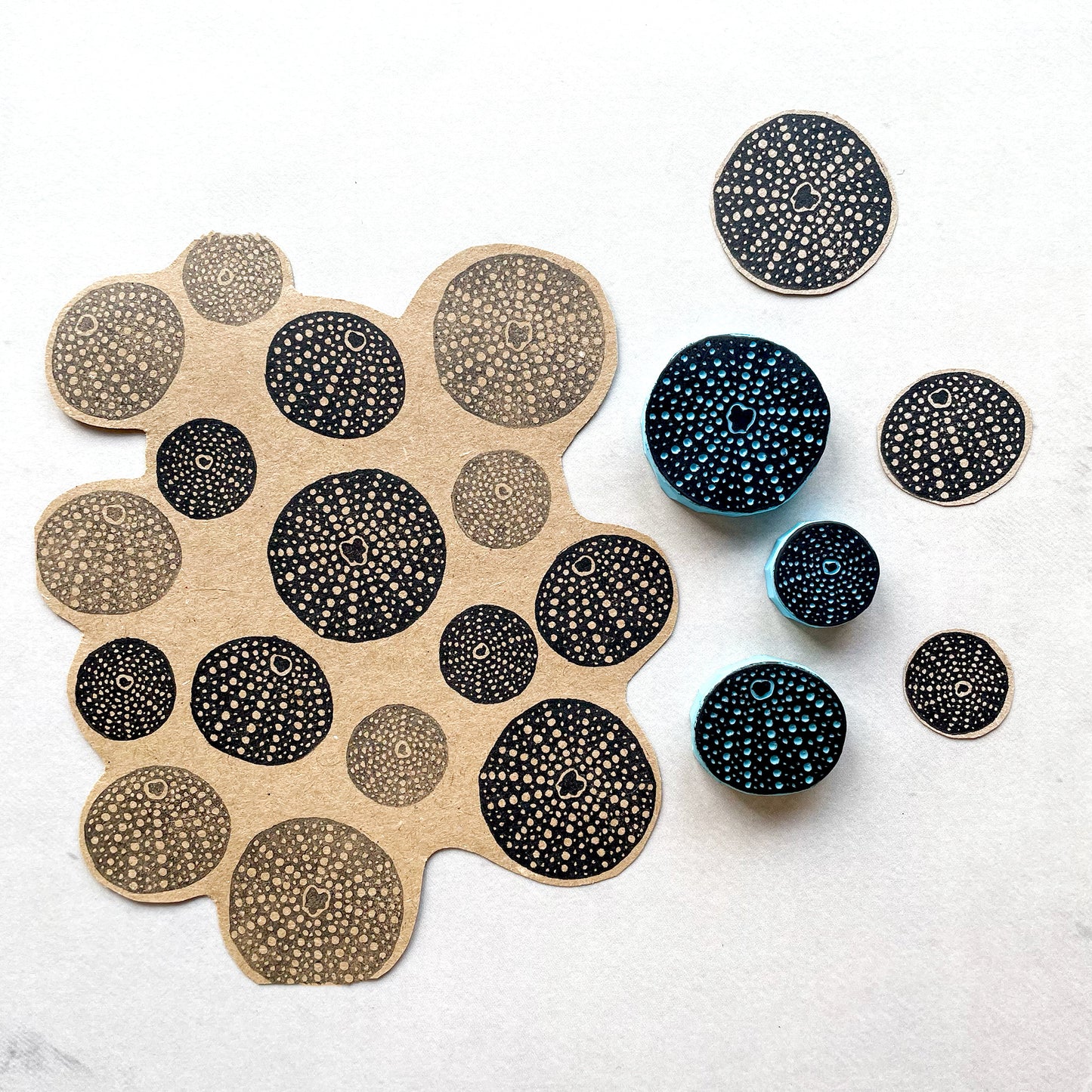 Set of three hand carved sea urchin rubber stamps in different sizes, printed on kraft paper with detailed dotted coastal texture pattern.