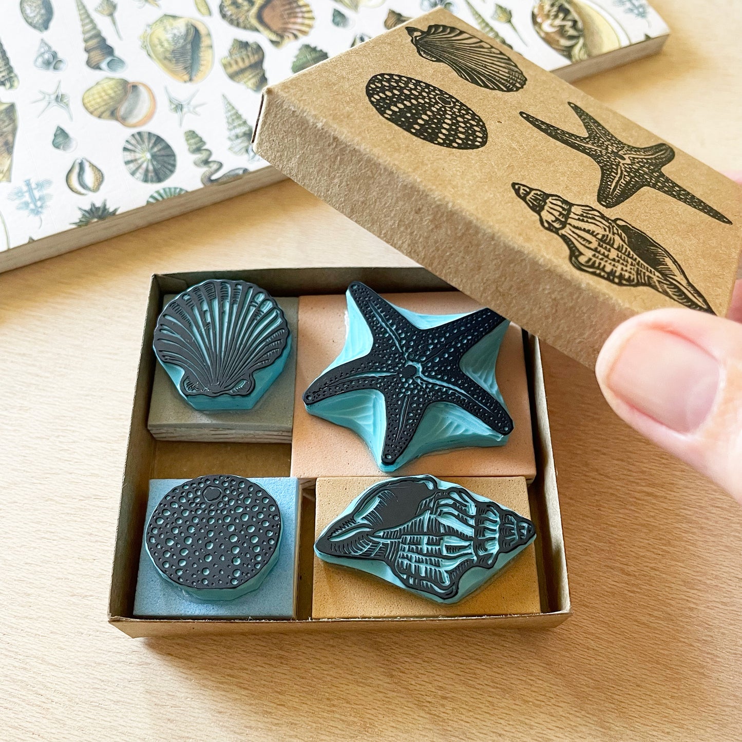 Seashell Rubber Stamp Set — Hand Carved Starfish, Conch, Sea Urchin & Scallop