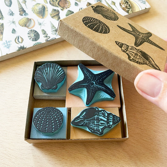 Seashell Rubber Stamp Gift Set — Hand Carved Starfish, Scallop, Sea Urchin & Conch with Wood Bases and Storage Box