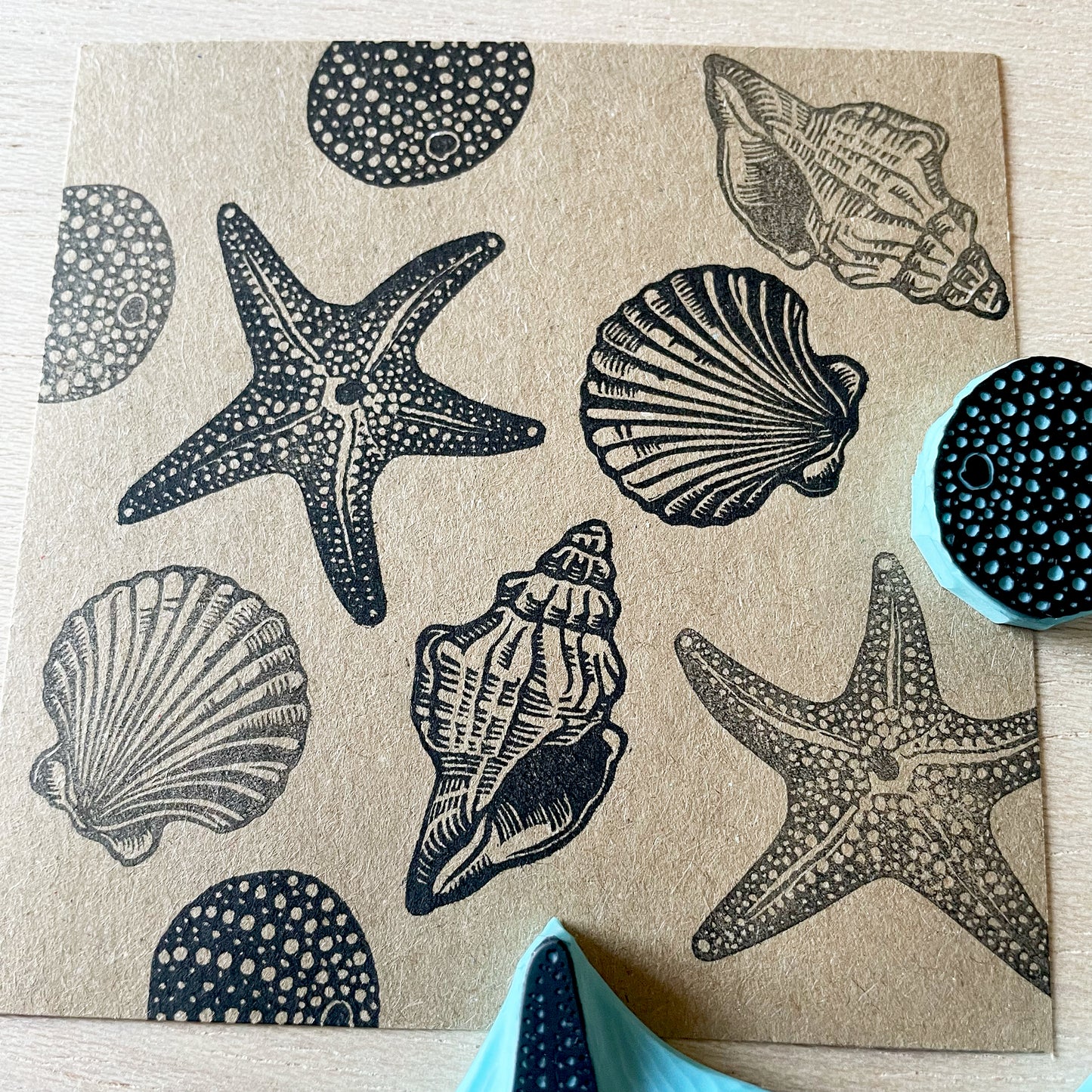Seashell Rubber Stamp Set — Hand Carved Starfish, Conch, Sea Urchin & Scallop