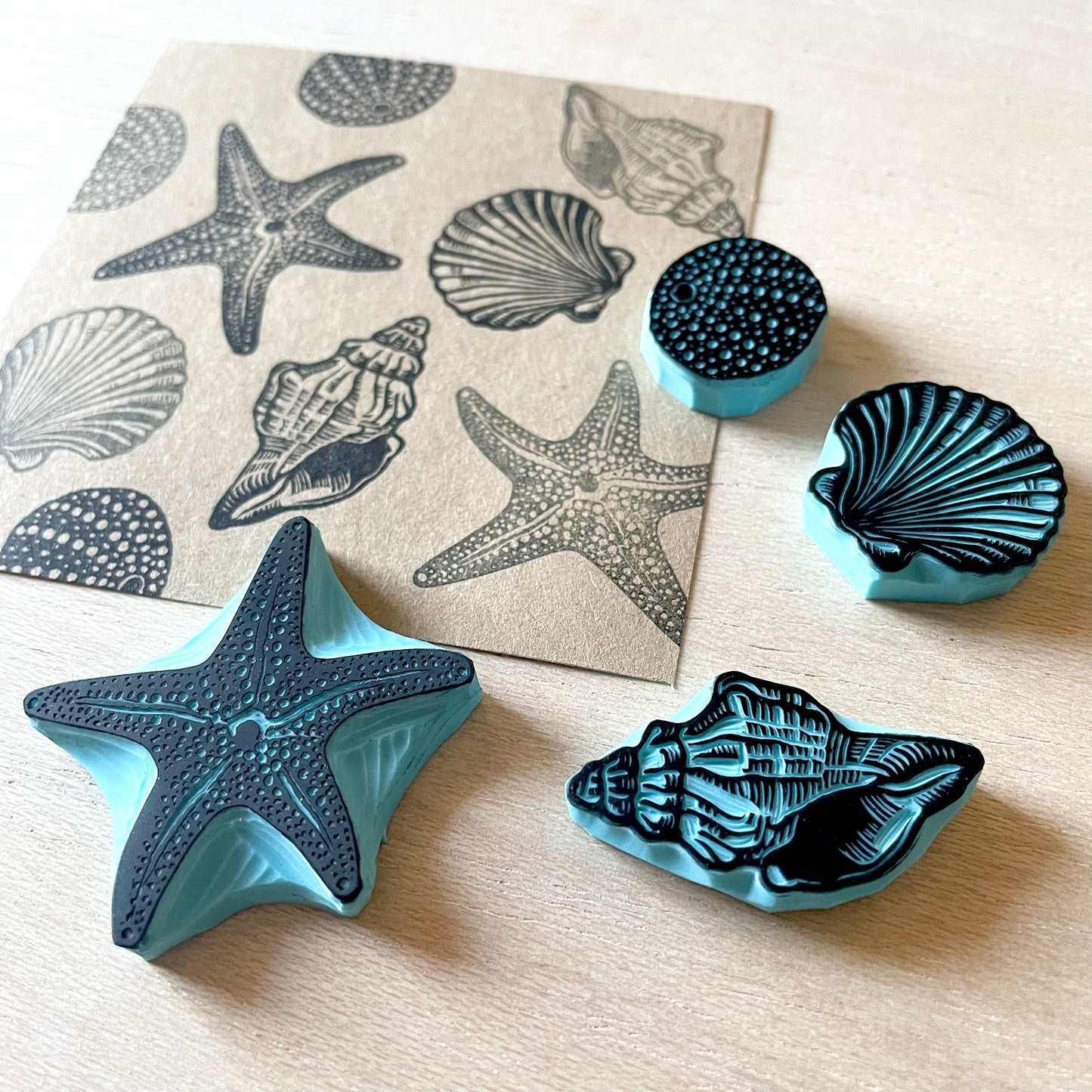 Seashell Rubber Stamp Set — Hand Carved Starfish, Conch, Sea Urchin & Scallop