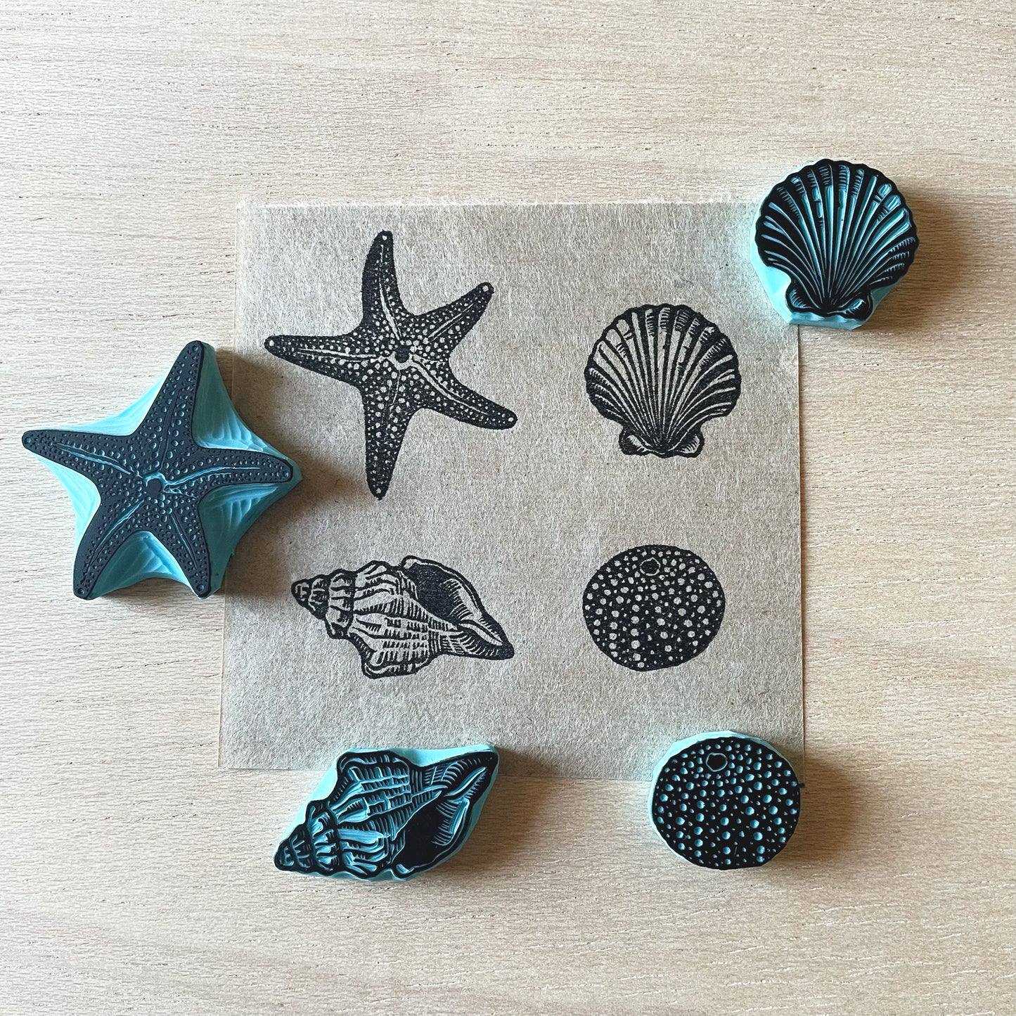 Seashell Rubber Stamp Set — Hand Carved Starfish, Conch, Sea Urchin & Scallop