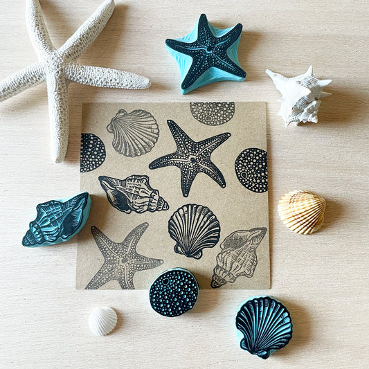Seashell Rubber Stamp Set — Hand Carved Starfish, Conch, Sea Urchin & Scallop