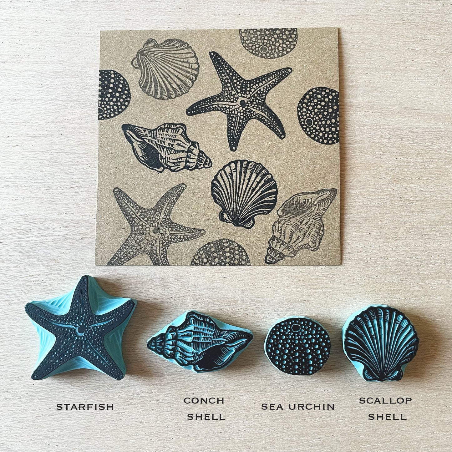 Seashell Rubber Stamp Gift Set — Hand Carved Starfish, Scallop, Sea Urchin & Conch with Wood Bases and Storage Box