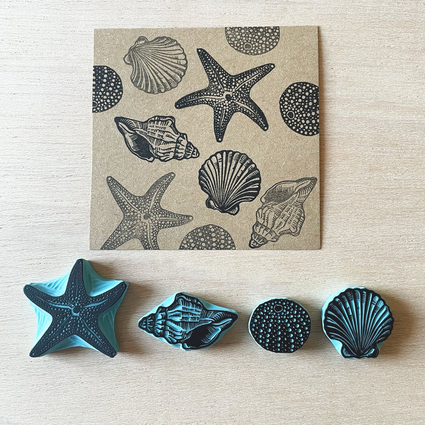 Seashell Rubber Stamp Set — Hand Carved Starfish, Conch, Sea Urchin & Scallop