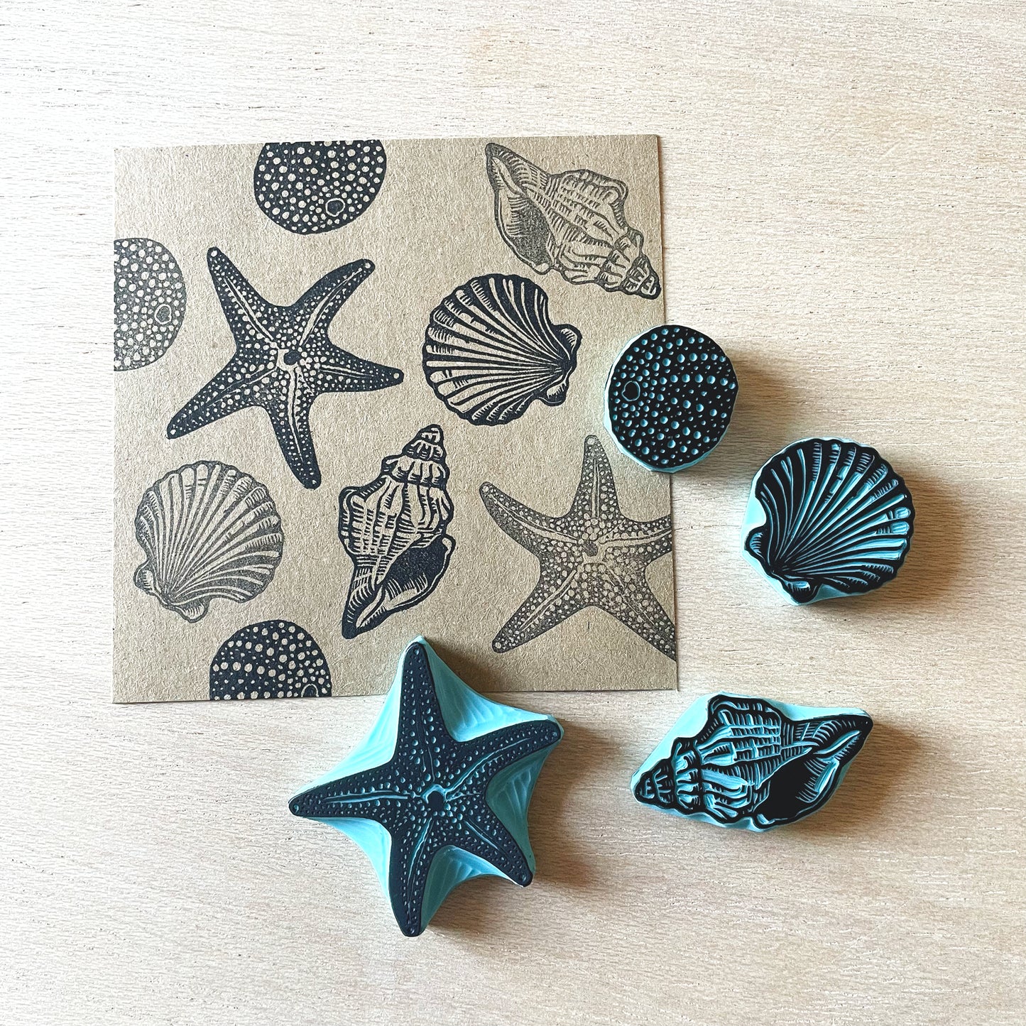 Seashell Rubber Stamp Set — Hand Carved Starfish, Conch, Sea Urchin & Scallop