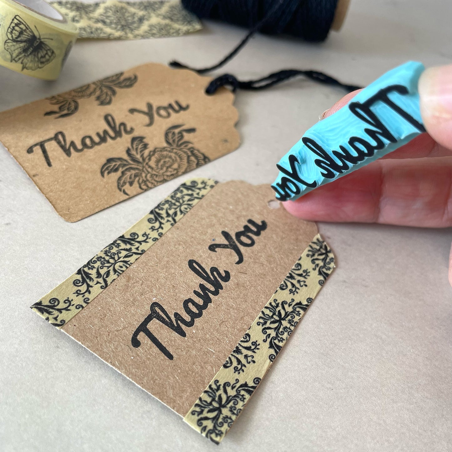 Hand carved rubber stamp of a Thank You word