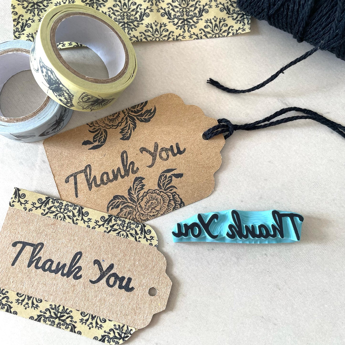 Hand carved rubber stamp of a Thank You word