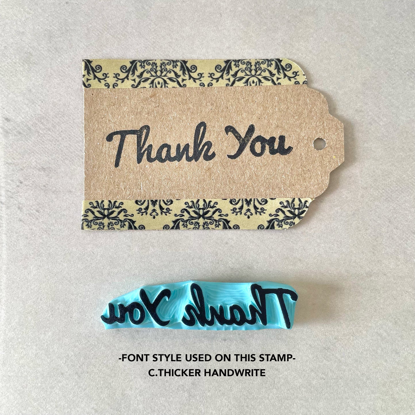 Hand carved rubber stamp of a Thank You word