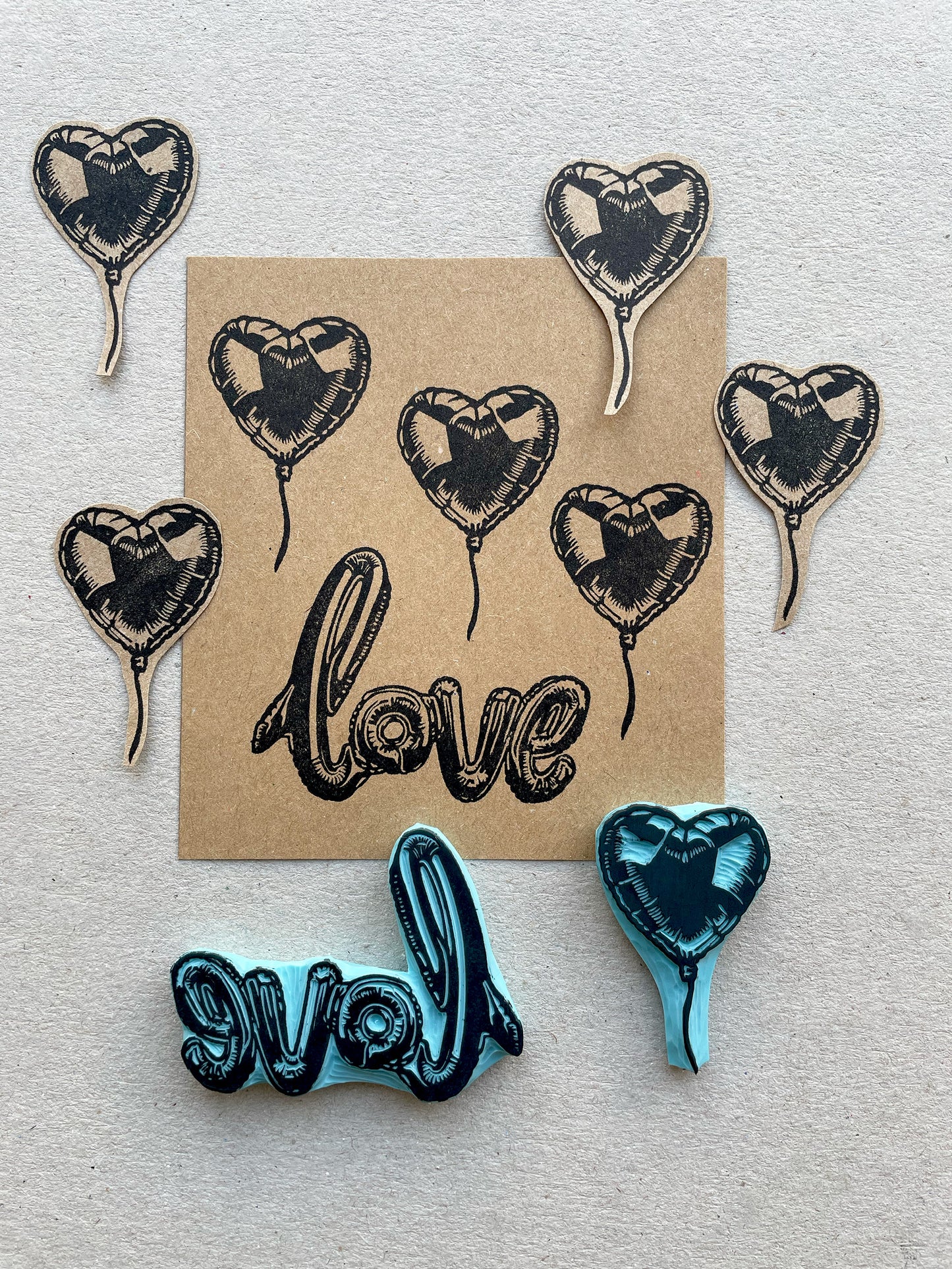 Love word and heart foil like ballon rubber stamps