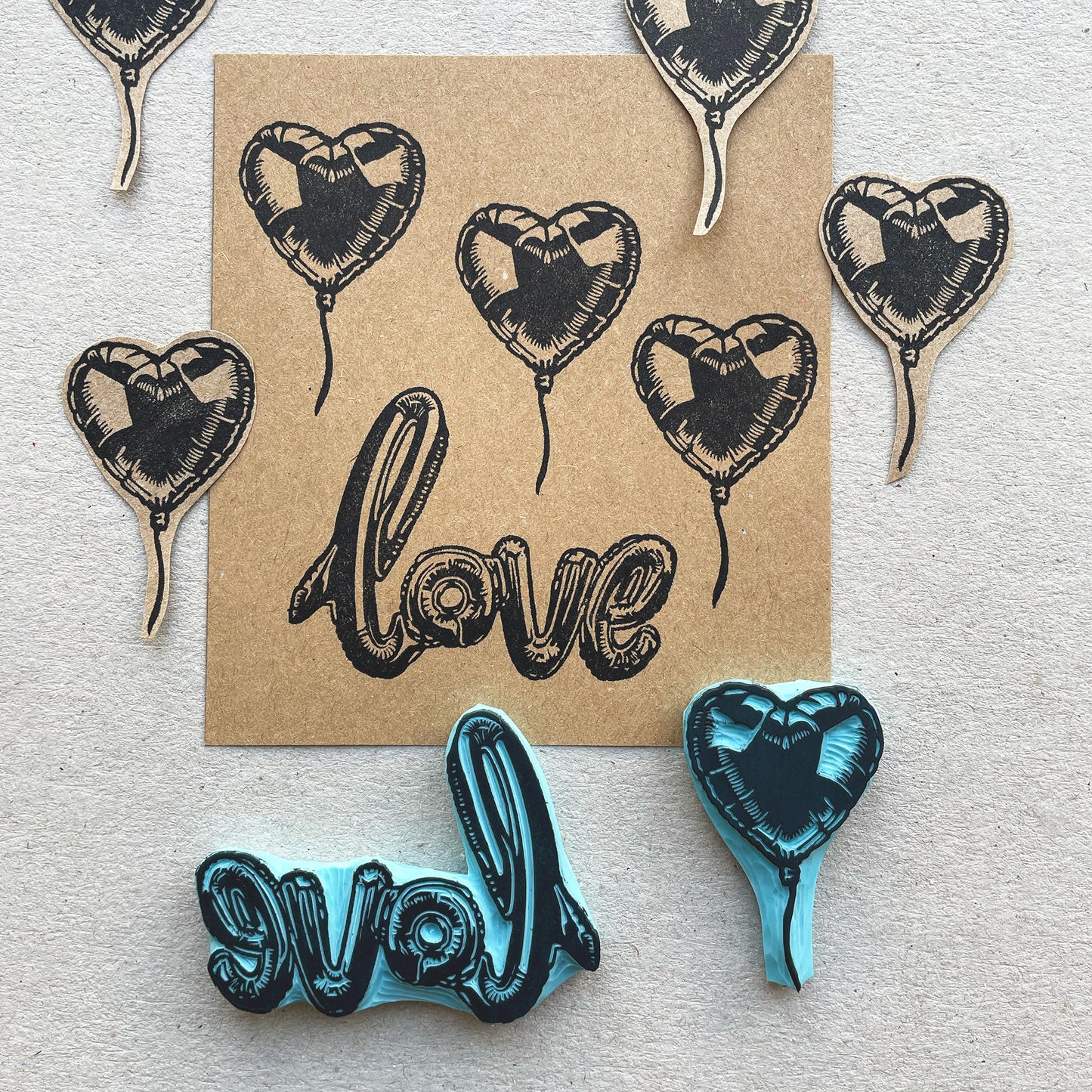Love word and heart foil like ballon rubber stamps