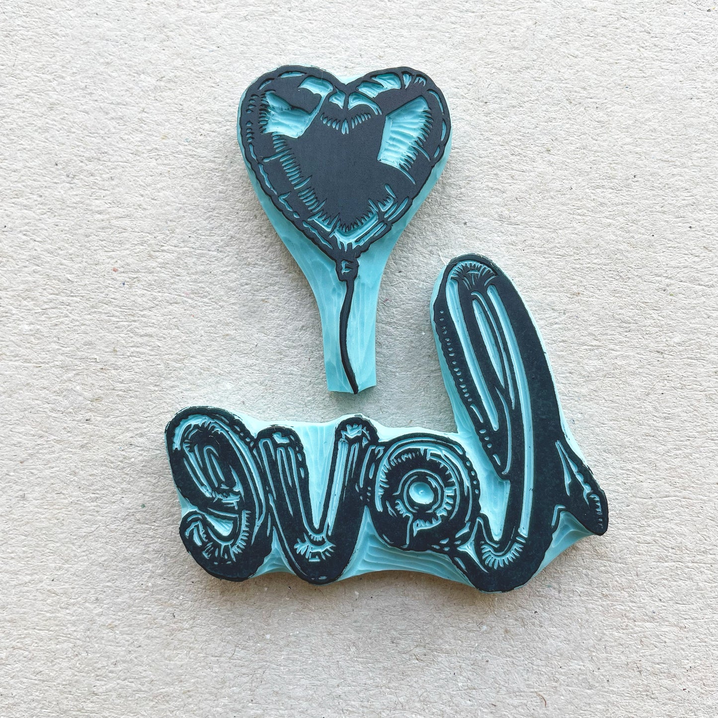 Love word and heart foil like ballon rubber stamps