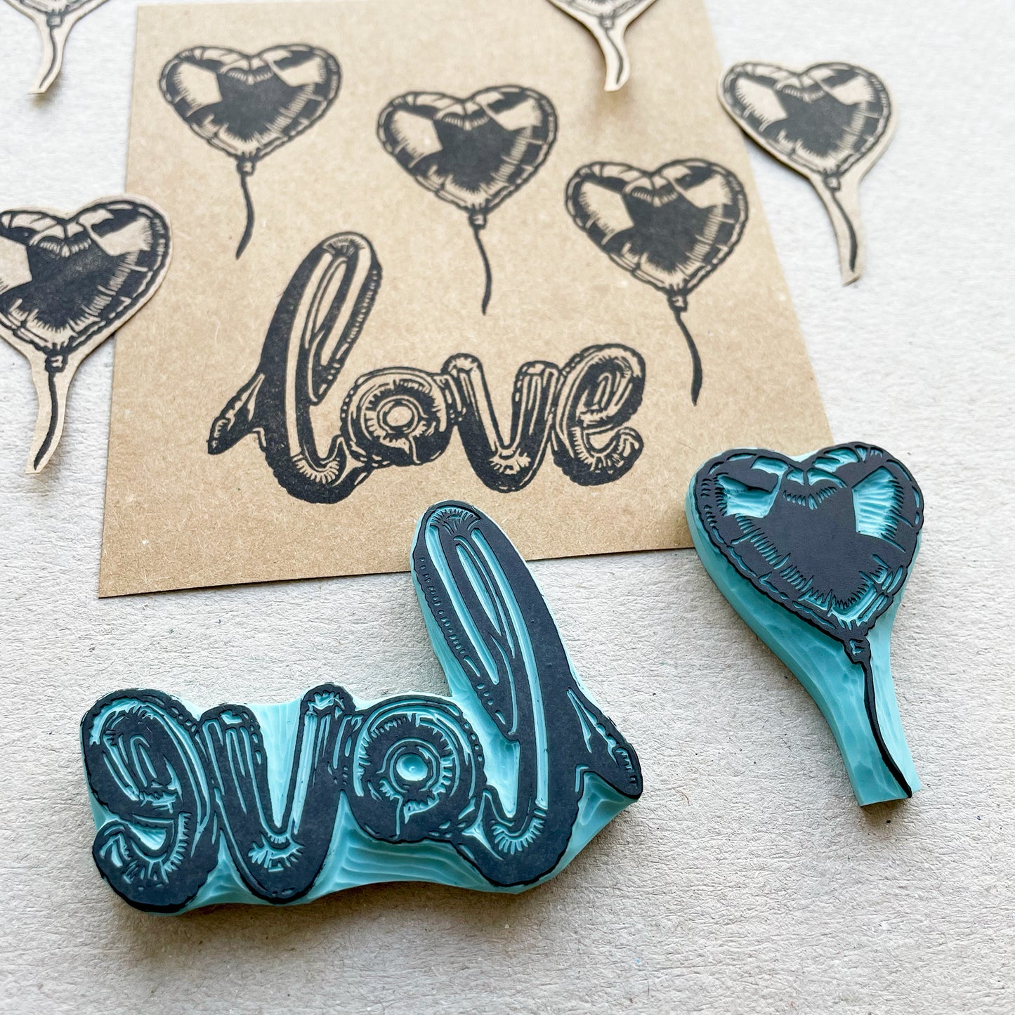 Love word and heart foil like ballon rubber stamps