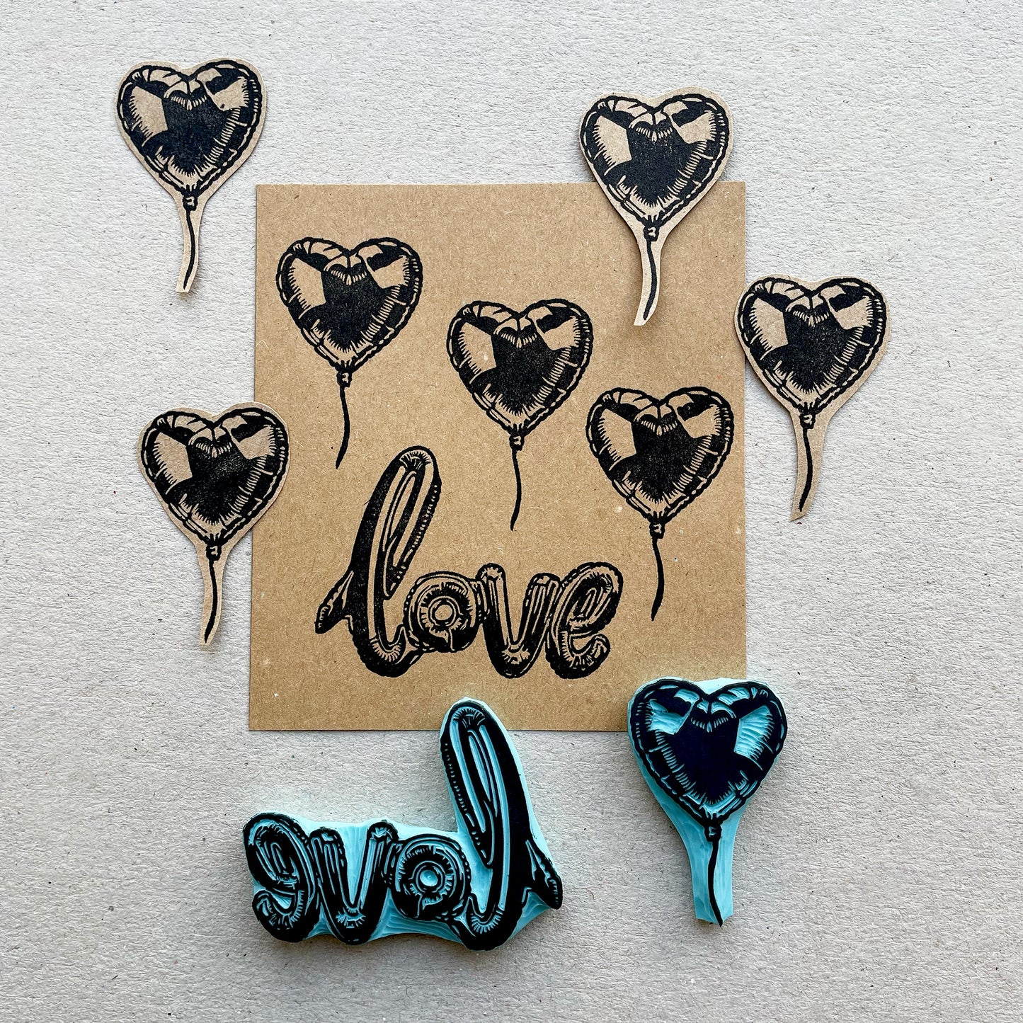 Love word and heart foil like ballon rubber stamps
