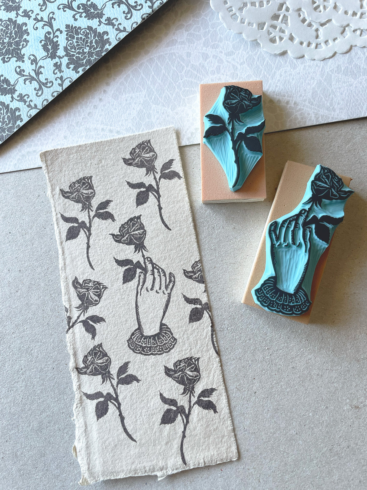 Victorian Hand with Rose Rubber Stamp, Romantic Gothic Botanical Design