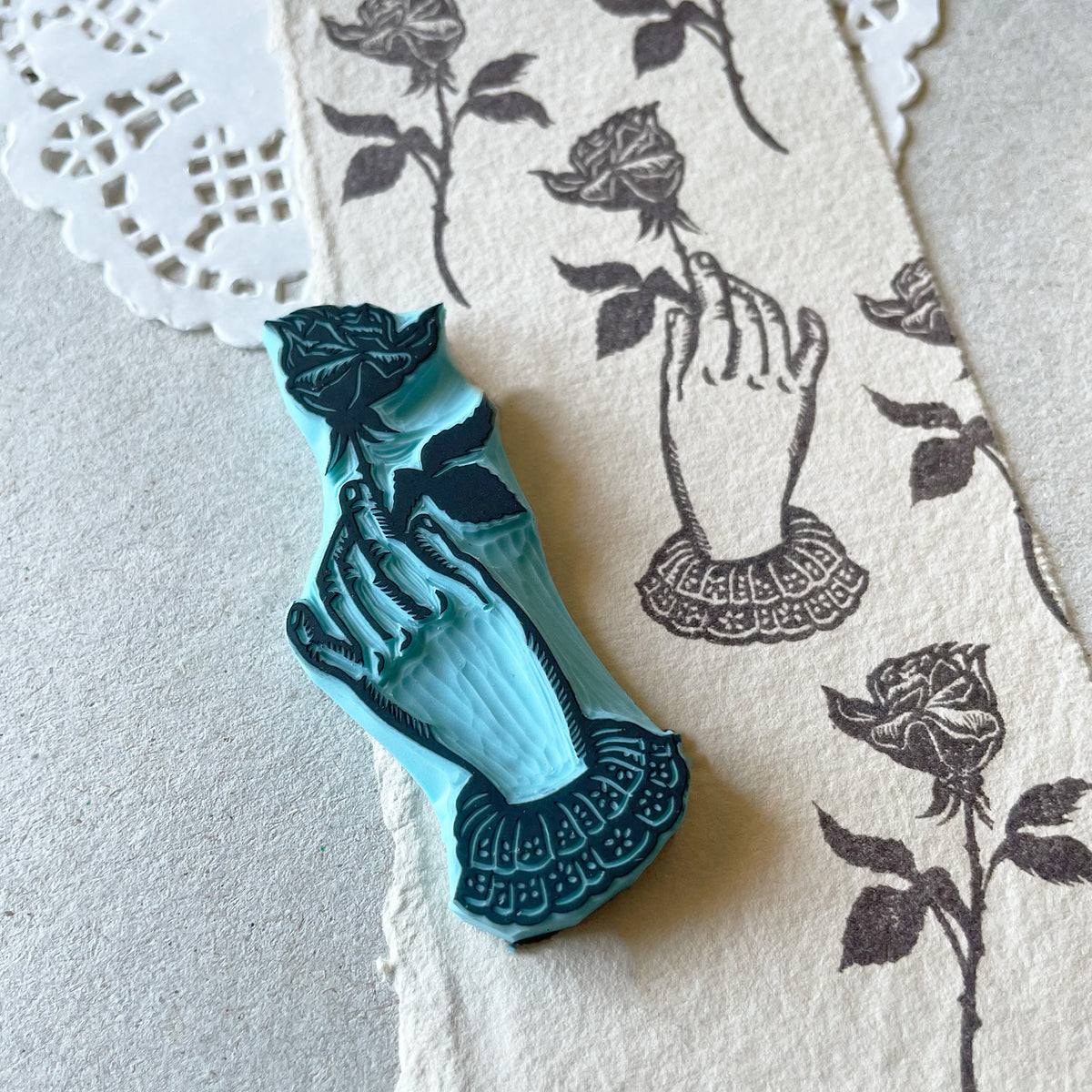 Victorian Hand with Rose Rubber Stamp, Romantic Gothic Botanical Design