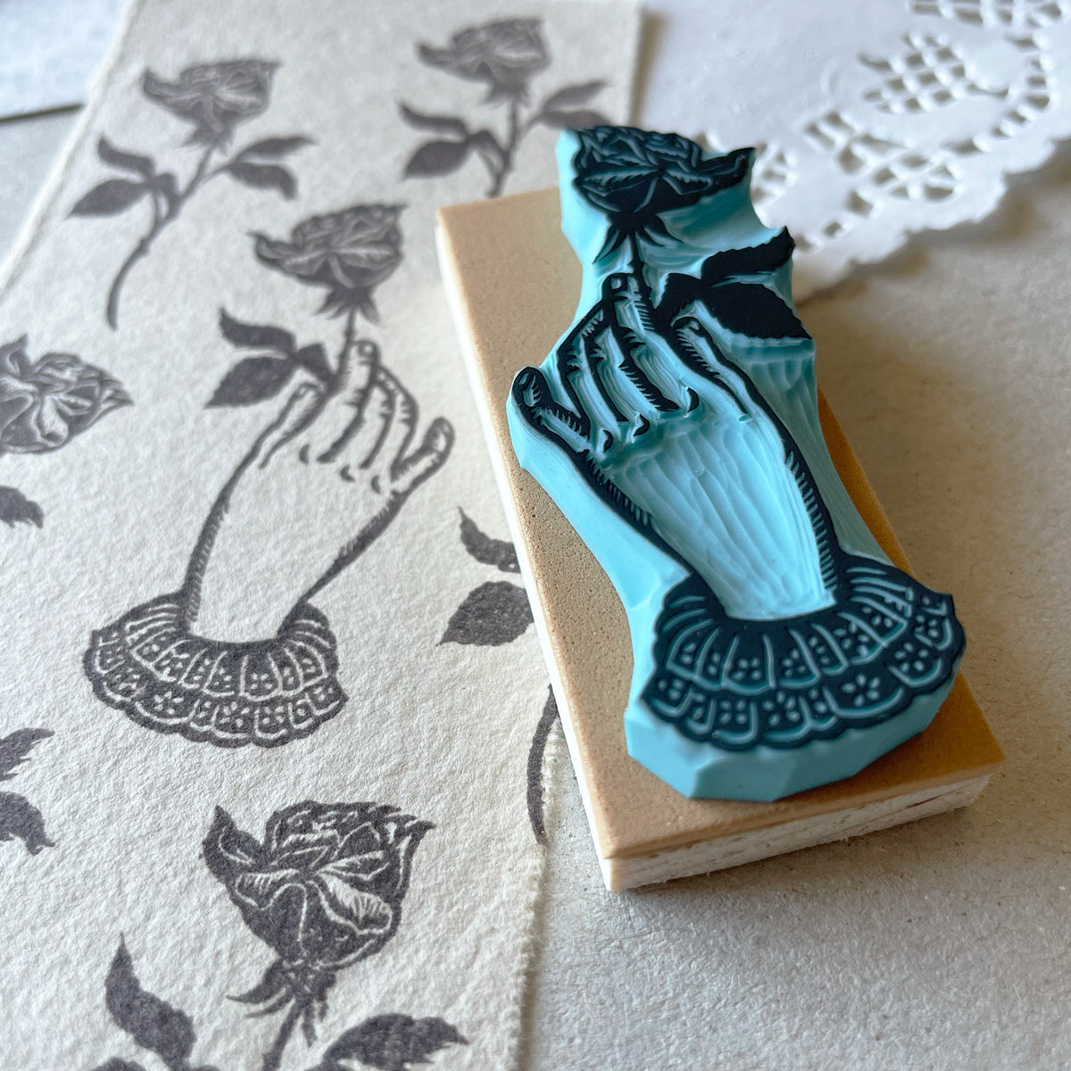 Victorian Hand with Rose Rubber Stamp, Romantic Gothic Botanical Design