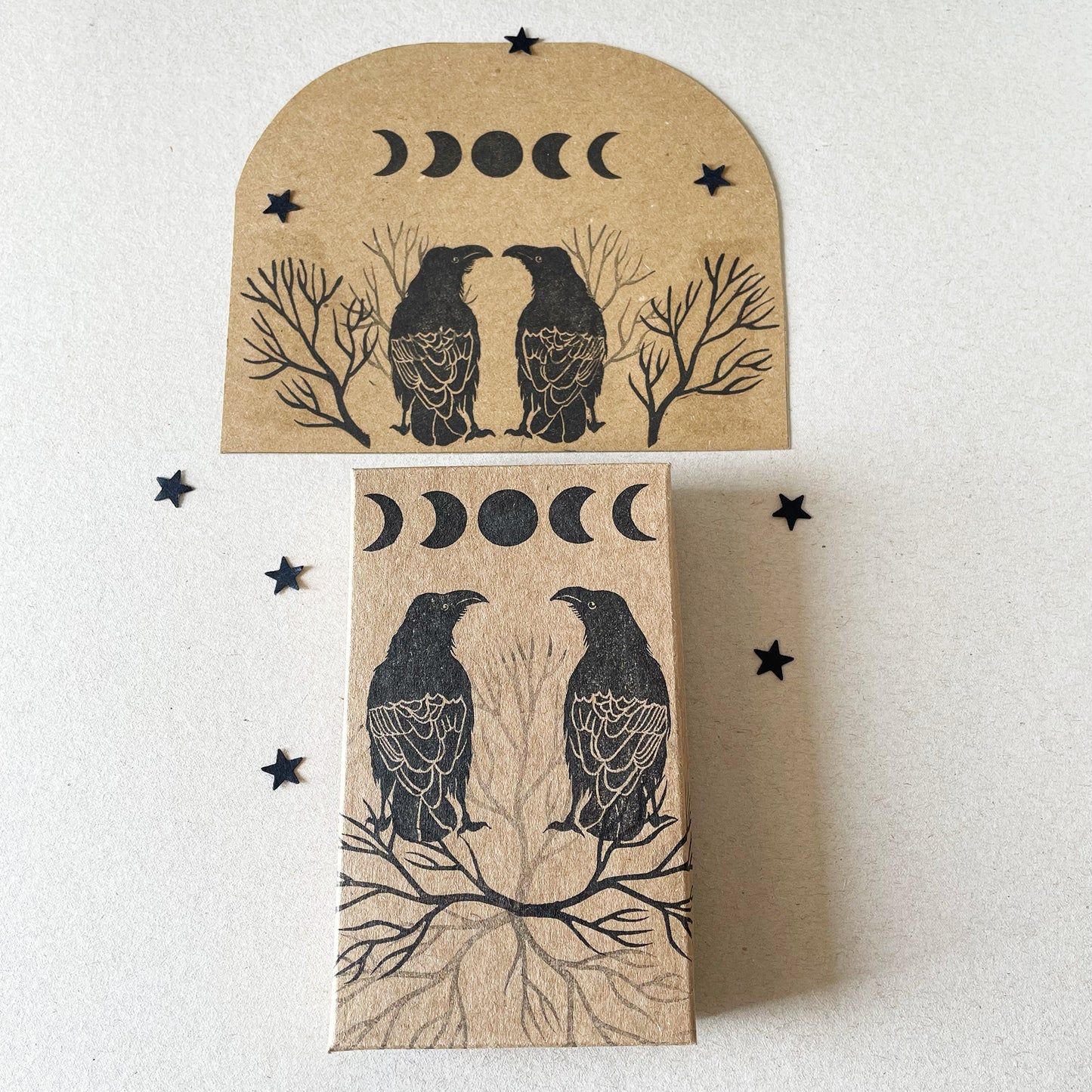 Rubber stamp set of Ravens with branch and moon phases
