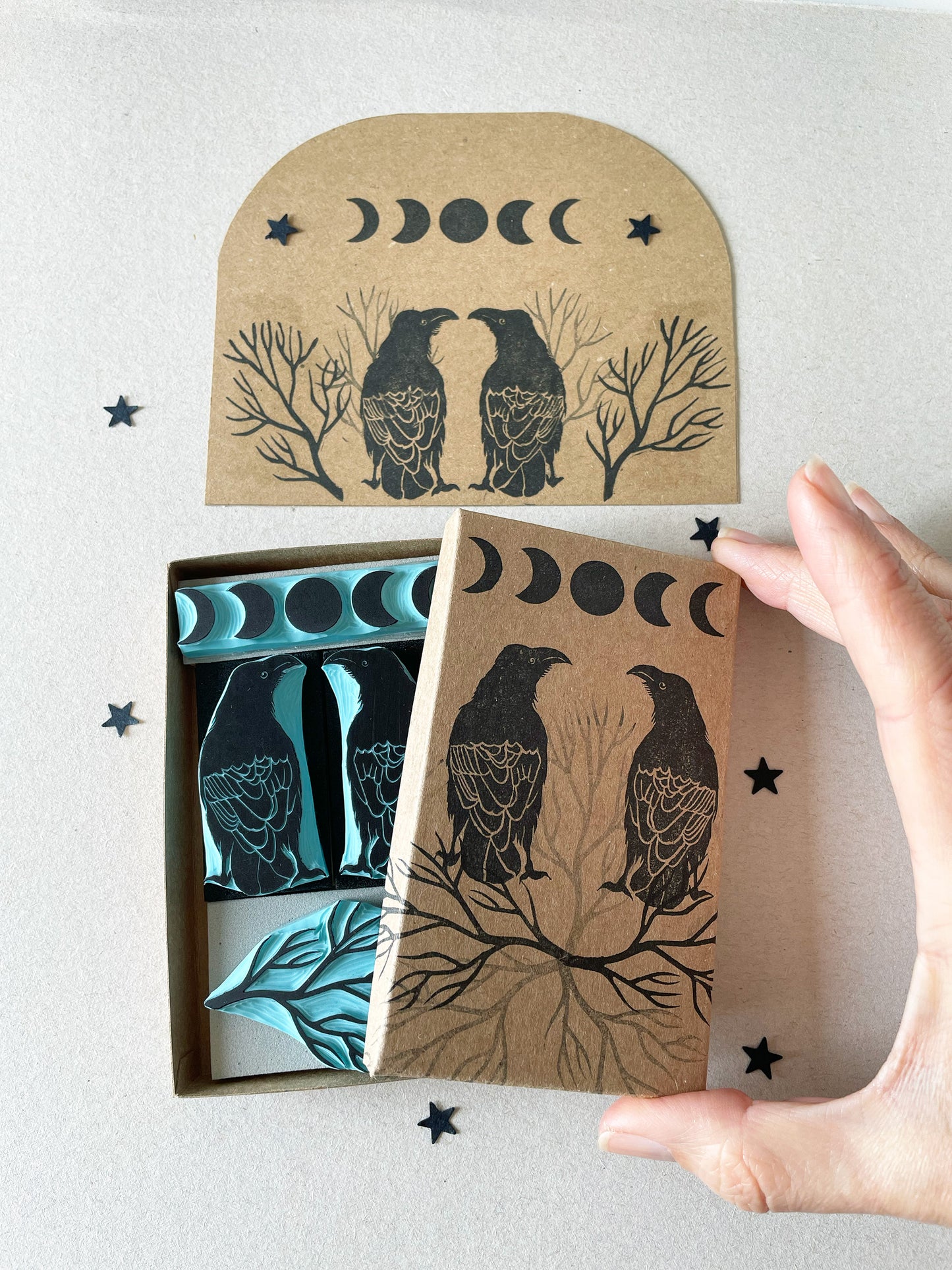 Rubber stamp set of Ravens with branch and moon phases