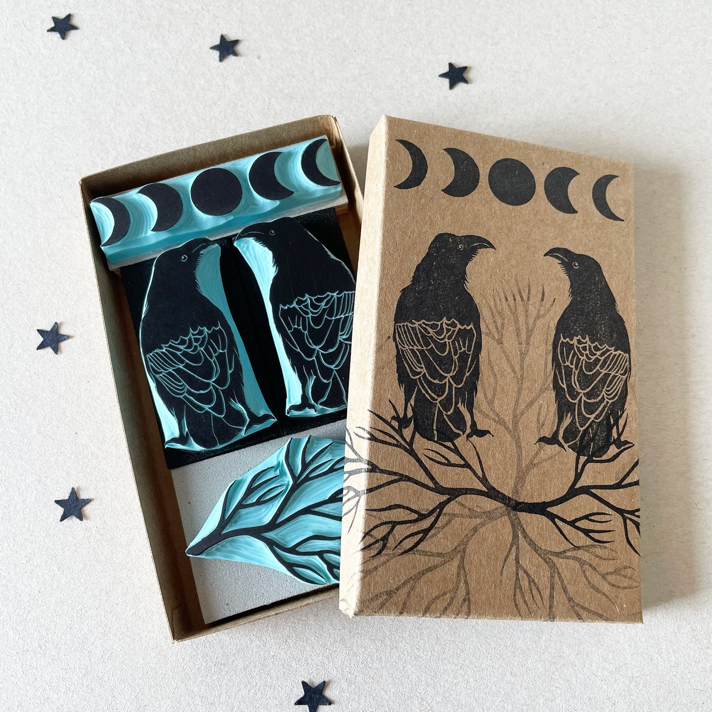 Rubber stamp set of Ravens with branch and moon phases