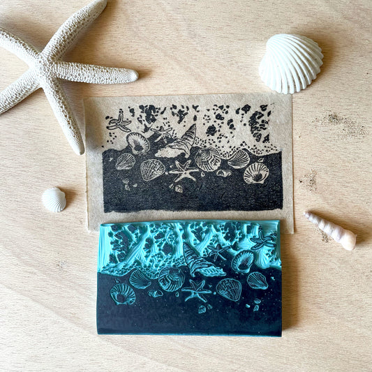 Seashore Rubber Stamp — Hand Carved Beach Scene with Shells & Starfish