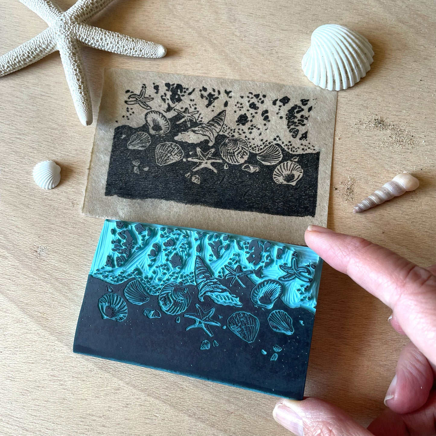 Seashore Rubber Stamp — Hand Carved Beach Scene with Shells & Starfish