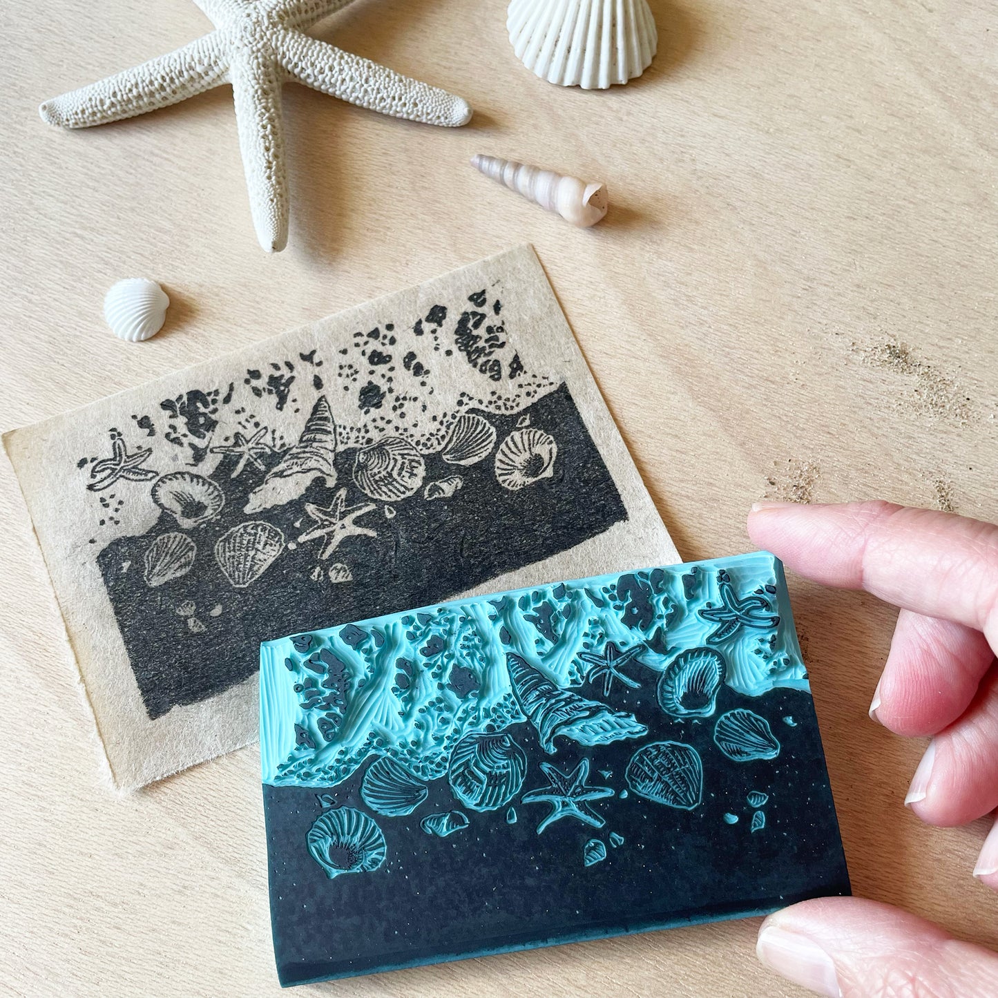 Seashore Rubber Stamp — Hand Carved Beach Scene with Shells & Starfish
